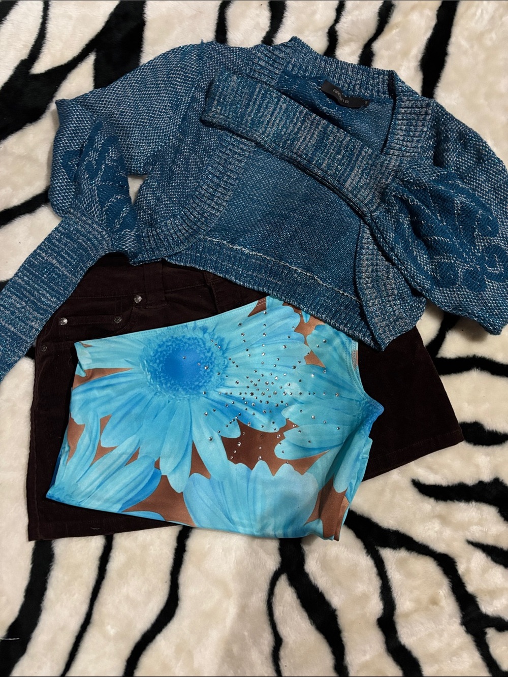 Arden B Blue Floral Mini Skirt Set with Teal Knit Bolero